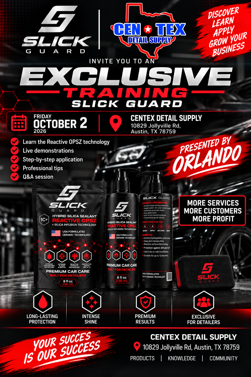 Slick Guard training event flyer at Cen-Tex Detail Supply