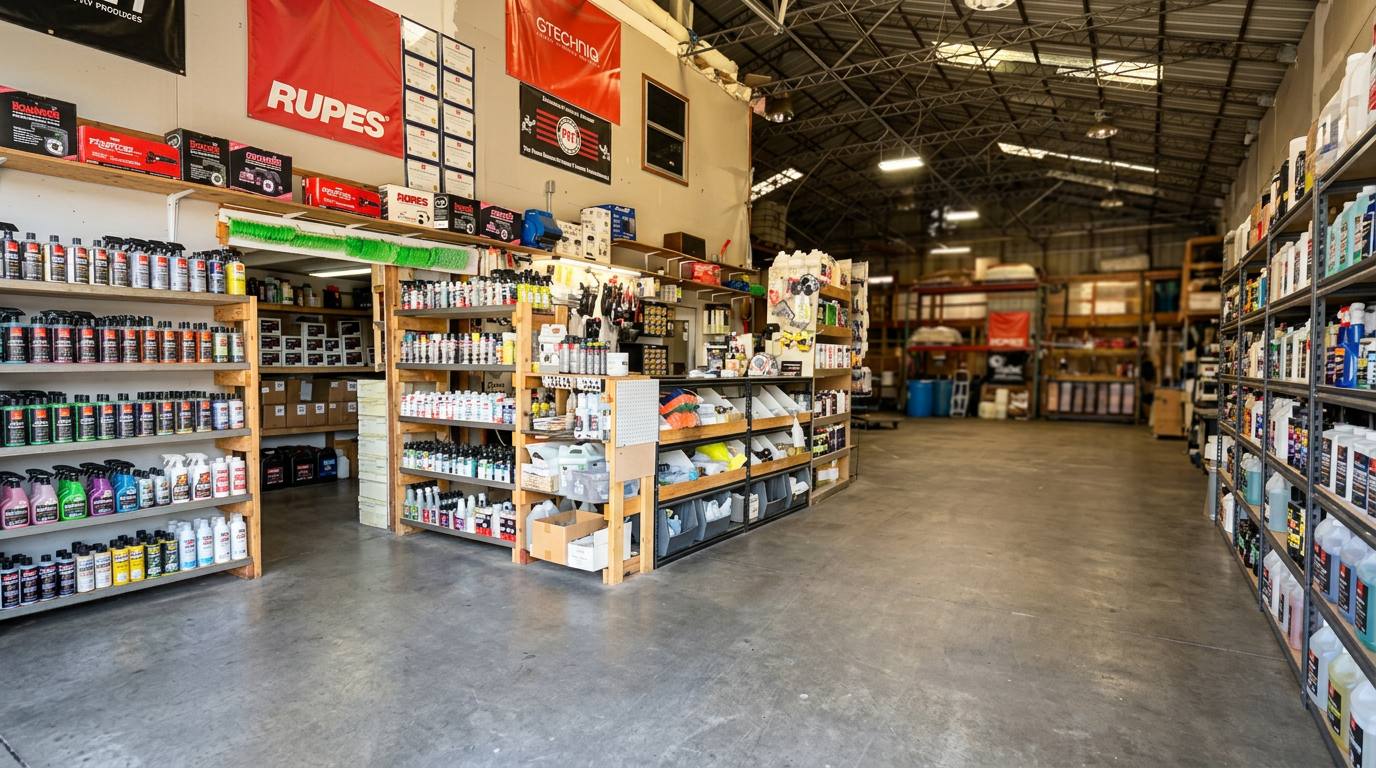 Inside the Cen-Tex Detail Supply shop: aisles of detailing chemicals, polishers and RUPES and Gtechniq banners